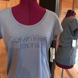 Calvin Klein Logo Tee Shirt Small New With Tags Gray in Color Beaded Script NWT
